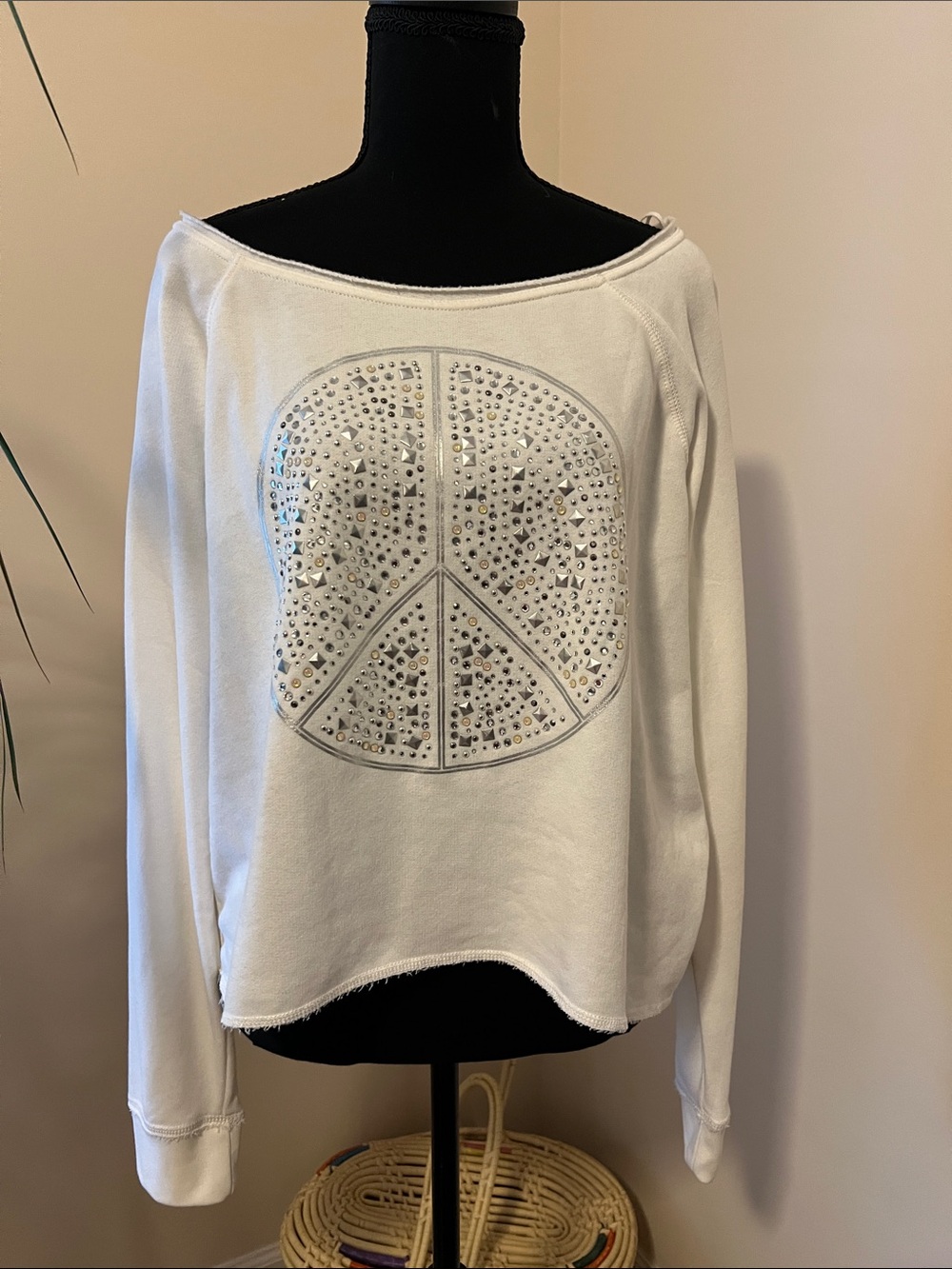 Aeropostale White Crystal Peace Sign Off-Shoulder Sweatshirt